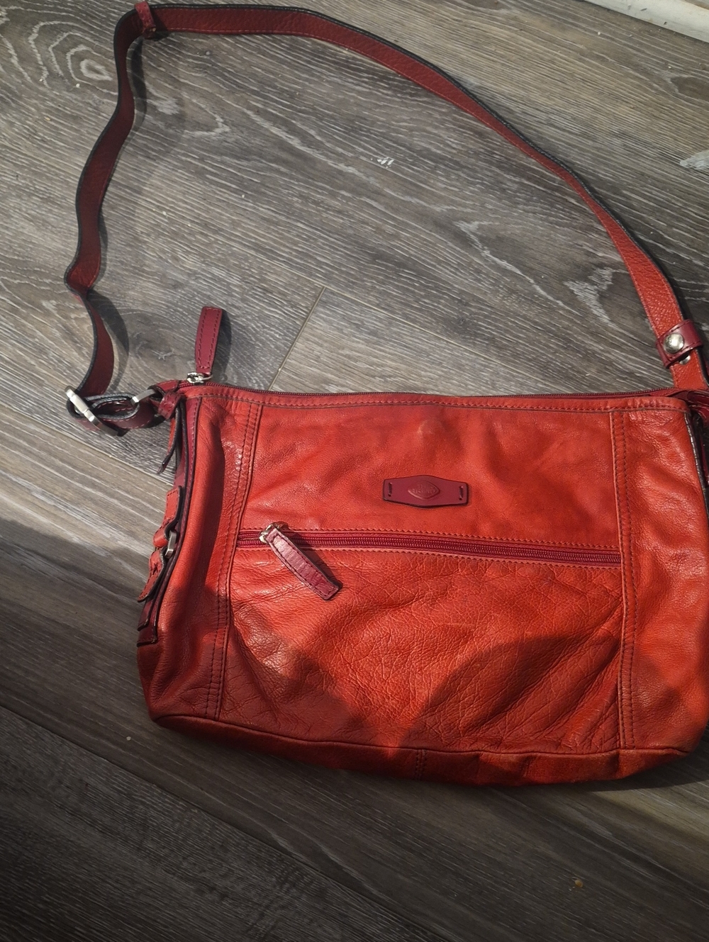 Red Leather Crossbody Shoulder Bag with Front Zip Pocket